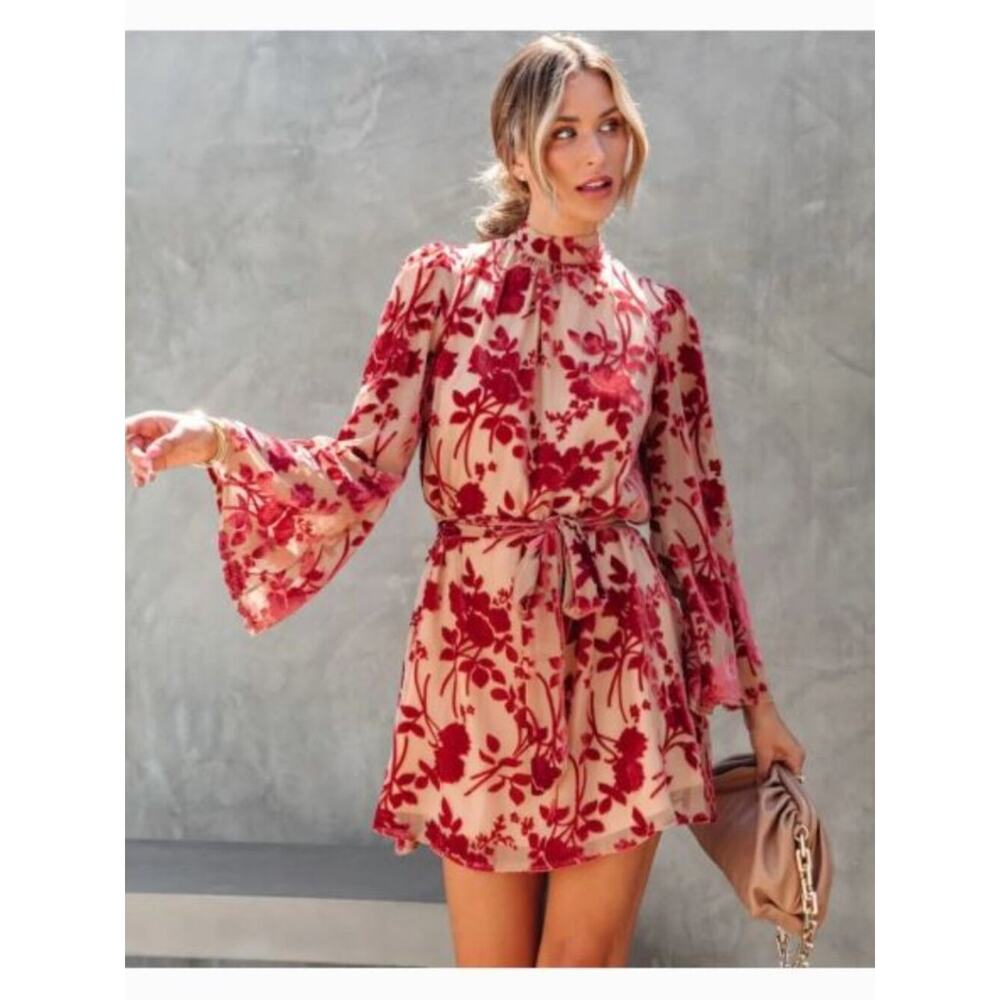 Vici Calgary Floral Velvet Burnout Tie Dress XL Mini Billowy Whimsy Boho Fairy - Picture 2 of 14